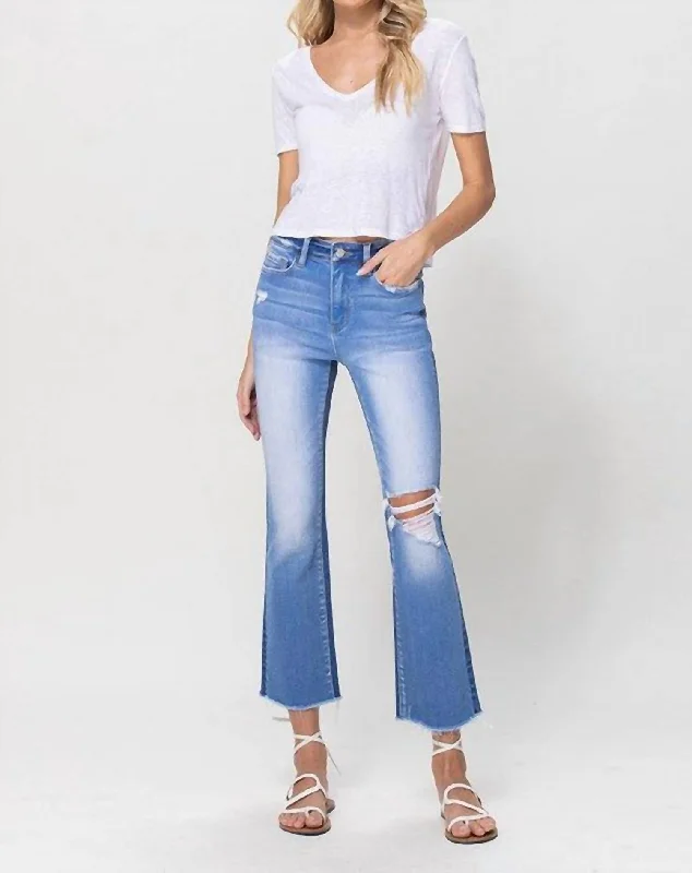 cuffed edge pants -Ollie High Rise Distressed Crop Flare In Medium Wash