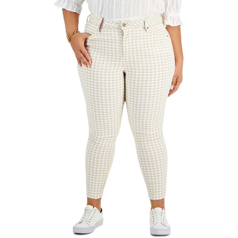 maternity weave pants -Plus Gingham Womens Checkered Ankle High-Waist Pants