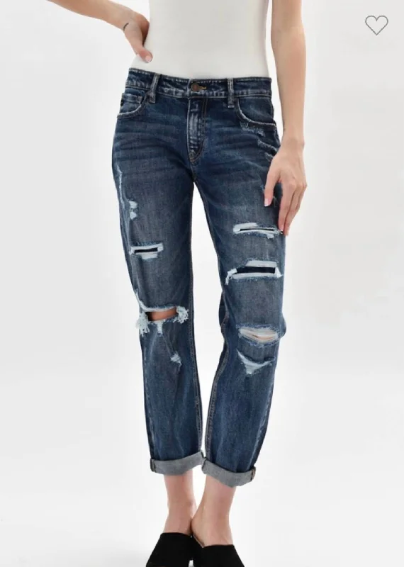 short stretch pants -Polly Mid Rise Boyfriend Jeans In Dark Wash