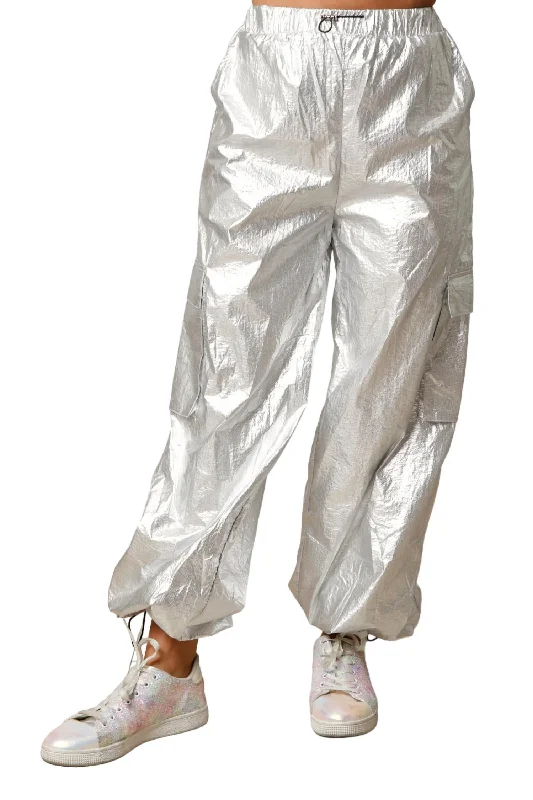 mango casual pants -Shiny Foil Parachute Pants In Silver