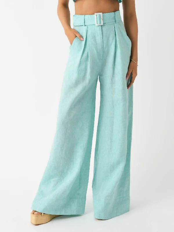 long check pants -Wide Leg Pleated Pant In Seafoam Melange Linen