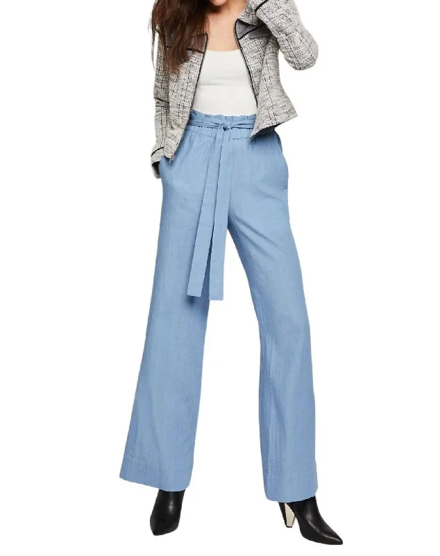 flare weave pants -Woven Textured Paper Bag Denim Trousers In Blue